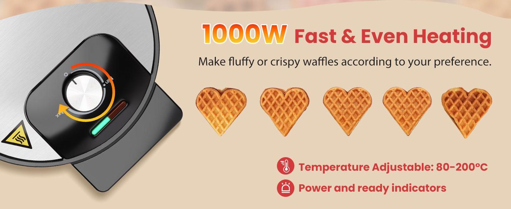Aigostar für 5 Herz-Waffeln, 1000W, Antihaft-Platten, Einstellbarer Temperatur
