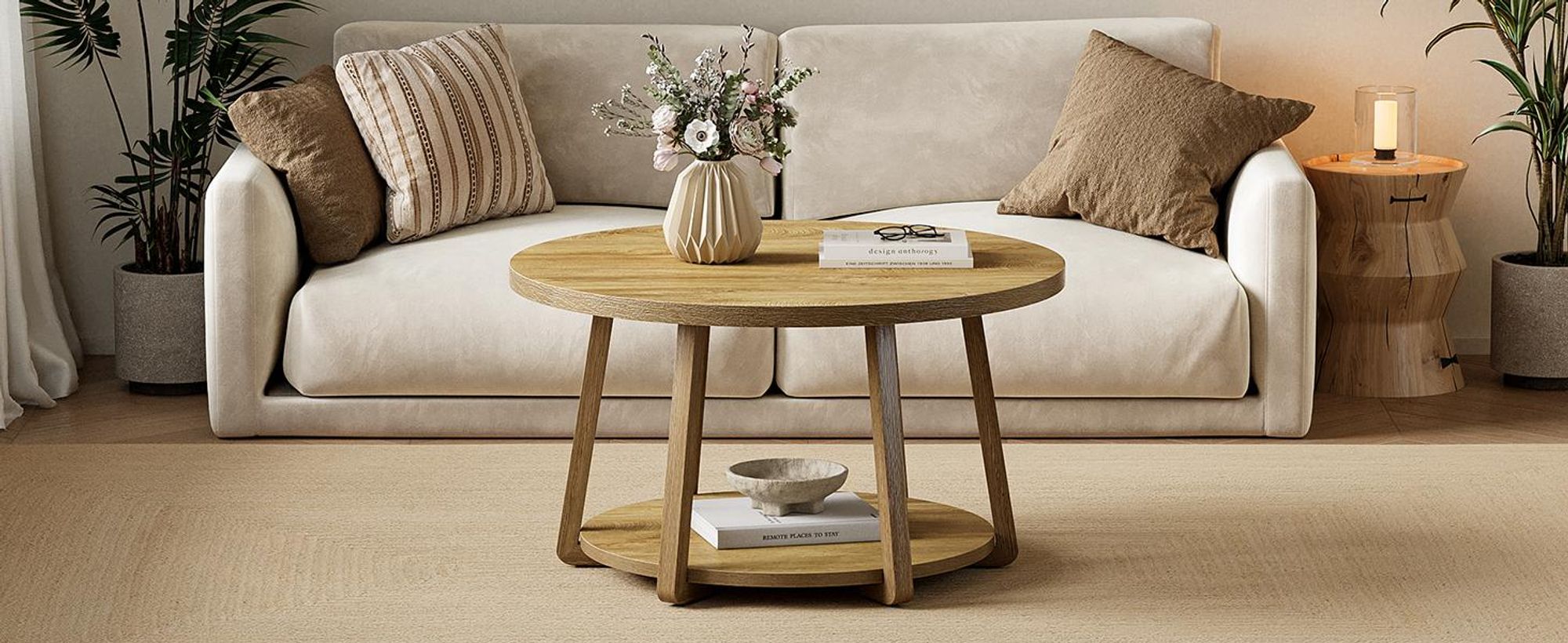 Tribesigns Runder Couchtisch, 2-stufiger Mitteltisch mit Stauraum, Holzbeine, 80 cm x 50 cm, einfache Montage, für Wohnzimmer, Schlafzimmer