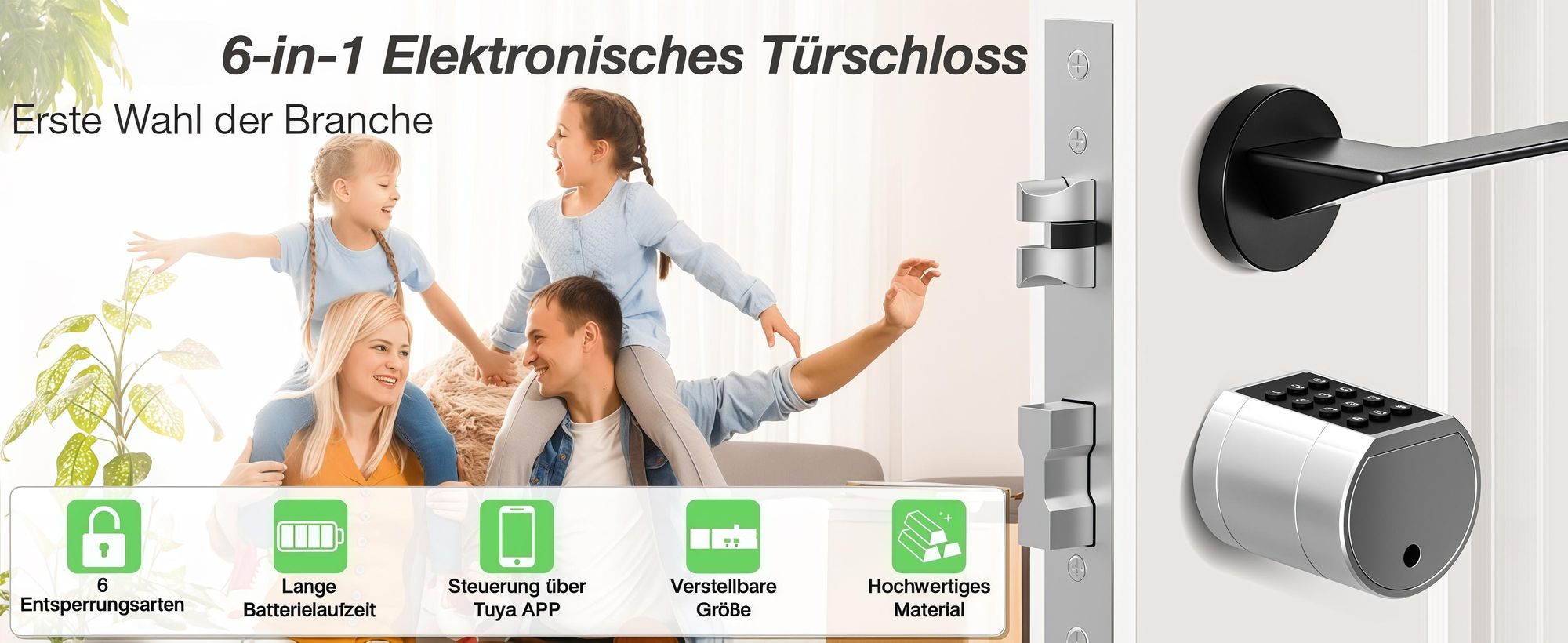 Fingerabdruck Smart Lock, Elektronisches Türschlos Haustürschloss, Zylinder 35-70mm, öffnen mit Tuya APP, Fingerabdruck, PIN-Code, RFID, Notschlüssel