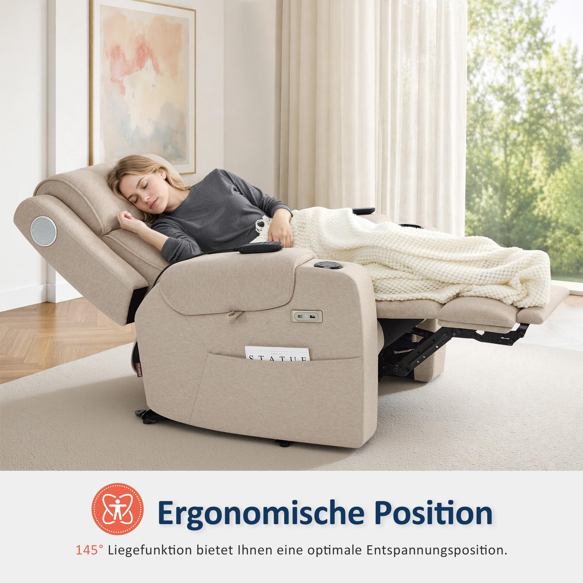 M MCombo Fernsehsessel Elektrisch Verstellbar, Relaxsessel mit Liegefunktion, Bluetooth-Lautsprechern, Verstellbare Kopfstütze 7053 (Dunkelgrau)