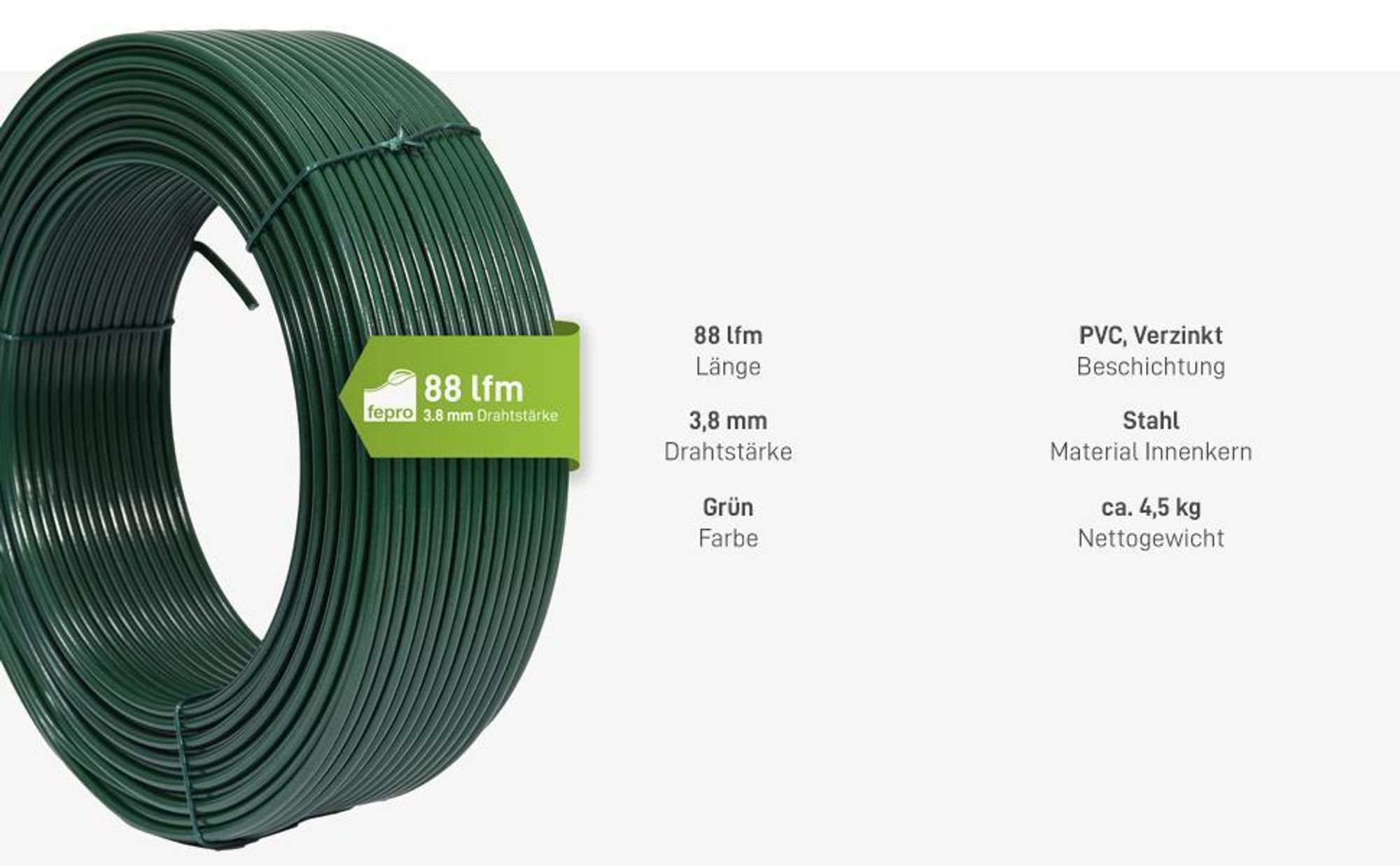 Fepro® Spanndraht 3,8 mm x 88 m, grün, verzinkt und kunststoffbeschichtet - witterungsbeständig, ideal für Maschendraht, Wildzaun, Garten oder basteln