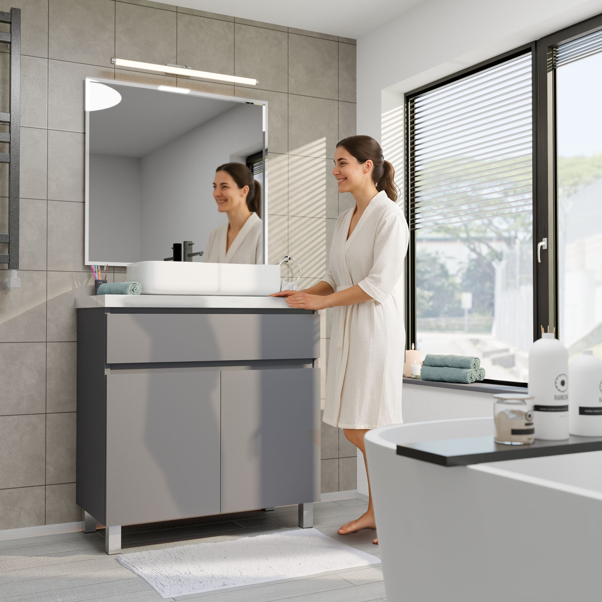 Gästebad WC Ariza 80 Schublade Badmöbelset Toilette Aufsatzwaschbecken Wand oder Stehend Waschtischunterschrank Badezimmer Grau Matt Beine Türe Badset