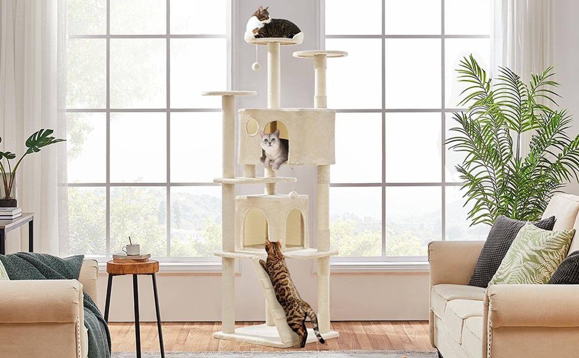 Yaheetech XXL Kratzbaum, 202,5 cm, mehrstufig, mit 3 Sisalstämmen, 3 Aussichtsplattformen, 2 Katzenhöhlen & 2 Plüschbällen, Beige