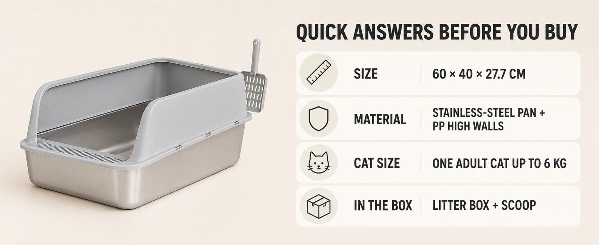 WISFOR Katzentoilette Edelstahl, Rostfrei, Katzenklo ohne Deckel, Katzentoilette offen mit Schaufel, Schalentoilette Katze, 60 x 40 x 28 cm