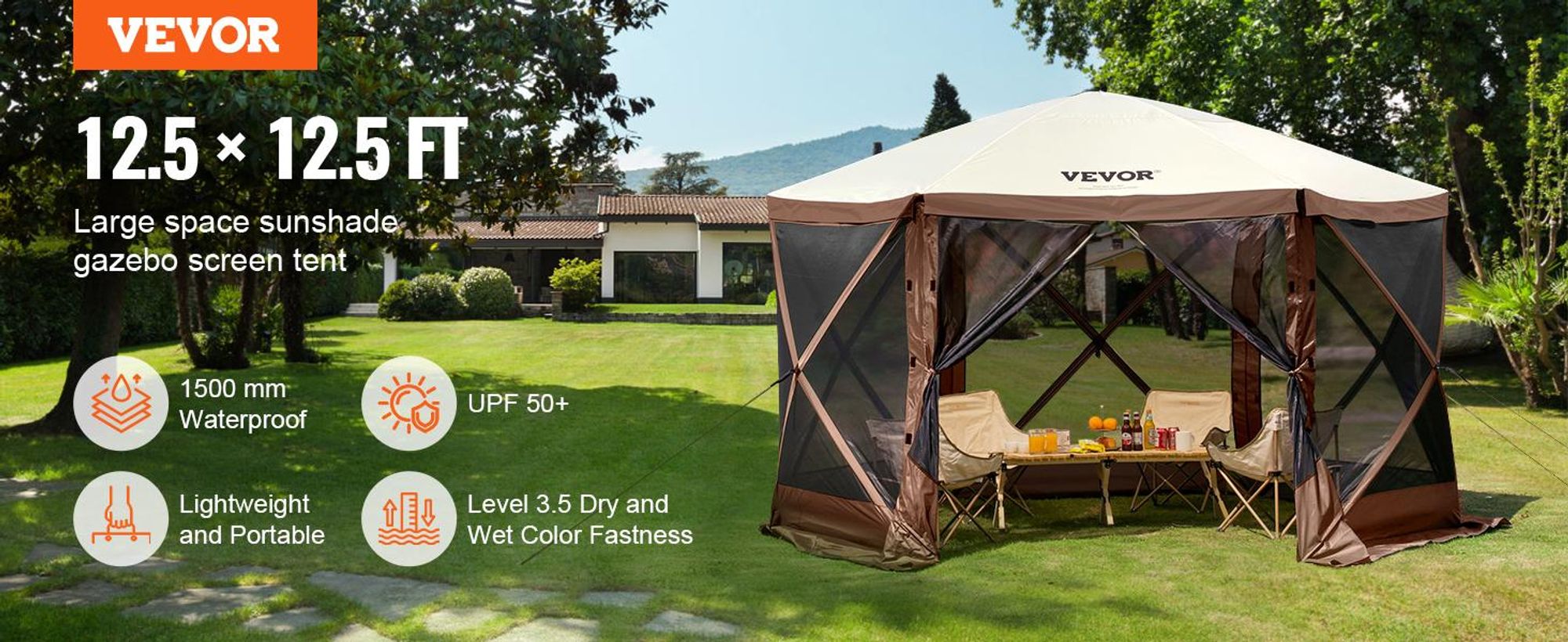 VEVOR Pavillon Bildschirmzelt, 10 x 10 Fuß, 6-seitiges Pop-up Camping-Canopy-Schutz-Zelt mit Netzfenstern, tragbare Tragetasche, Erdnägel, große Schattentücher für Outdoor-Camping, Rasen und Garten, 12.5 x 12.5 ft