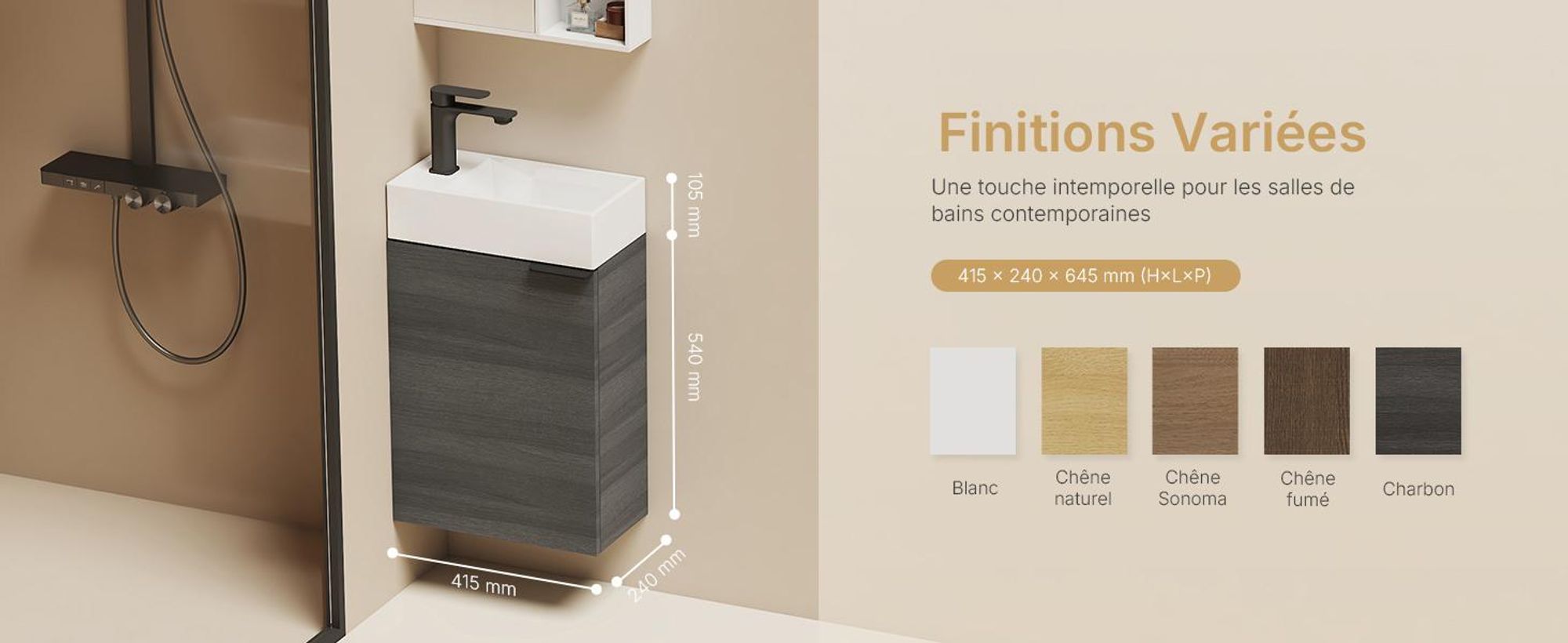 EMKE Ensemble de lavabos Meuble sous-lavabo avec vasque en céramique 417×240×646 mm suspendu, Soft-Close, gris bois
