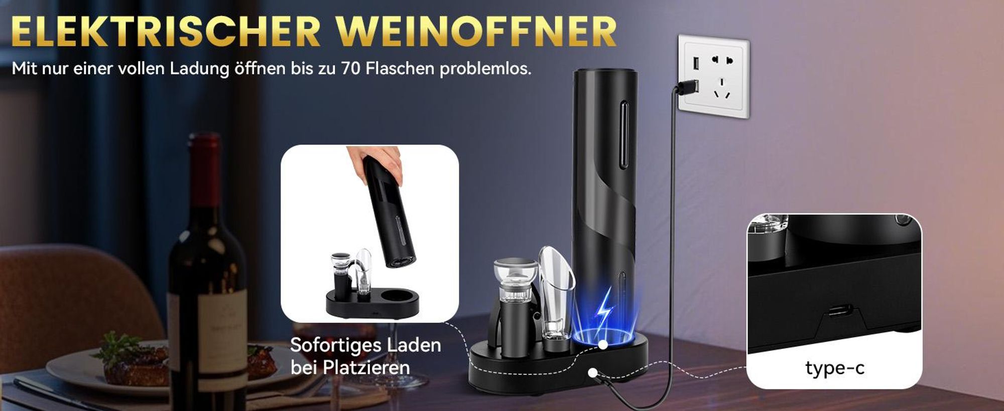 Elektrischer Weinöffner Set (6-in-1), Automatischer Korkenzieher mit Ladestation, Kapselschneider, Ausgießer & Vakuumverschluss