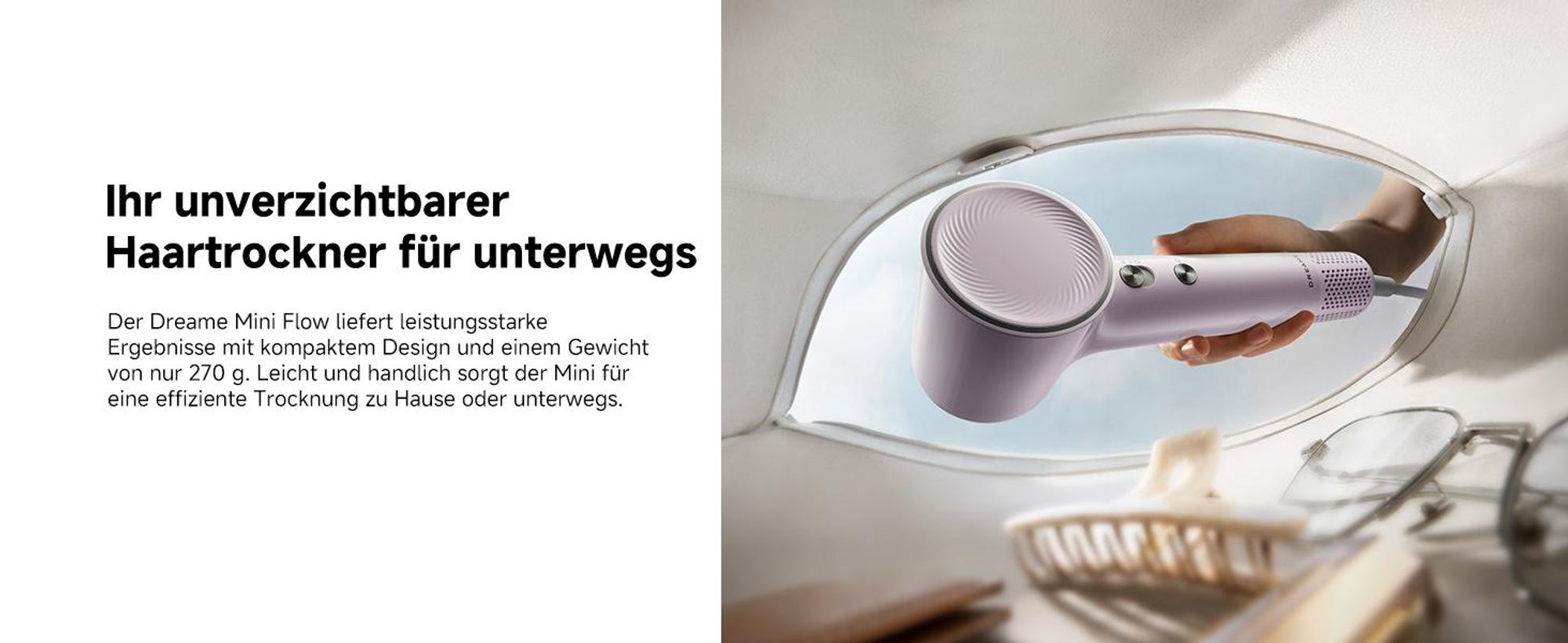 Dreame Mini Flow Hochgeschwindigkeits-Haartrockner,270g,schnelltrocknend,100K U/min Motor,NTC-Temperaturregelung,Ionen-Technologie,5 modi,Lila