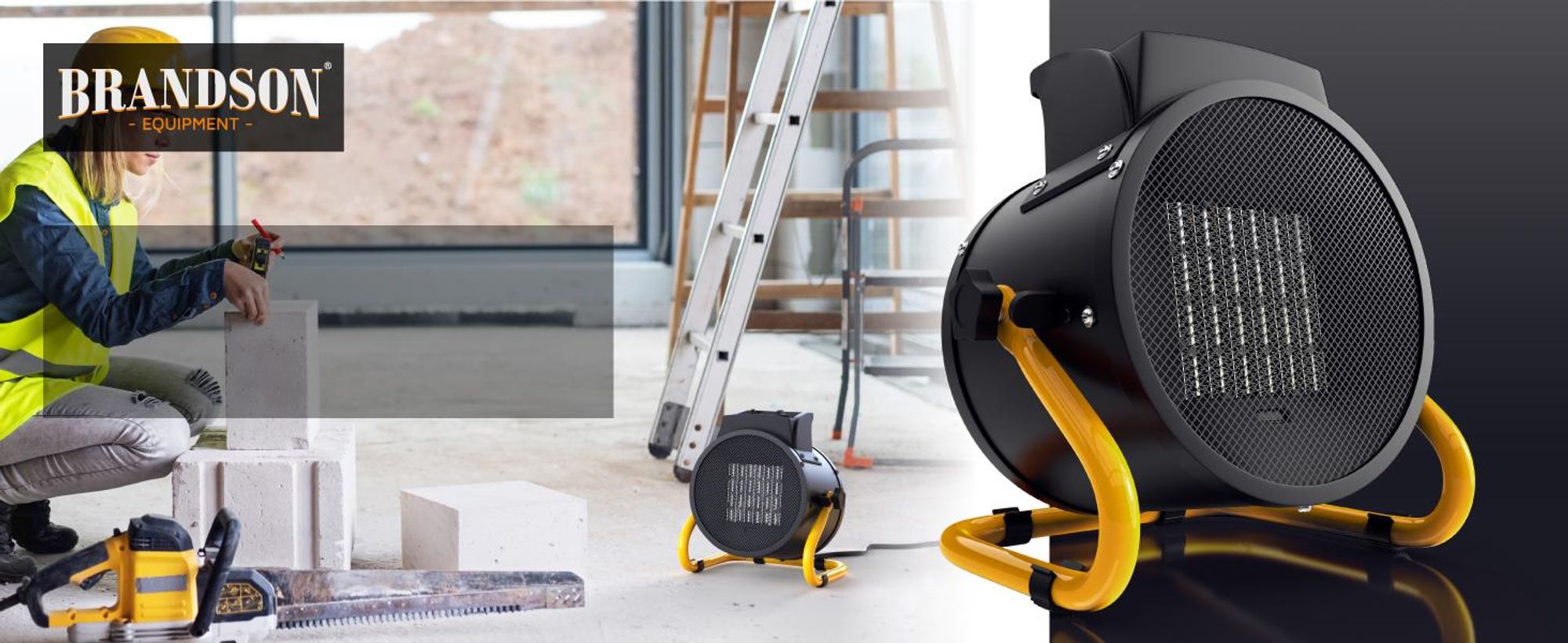 Brandson Bauheizer mit Tragegriff 3000W, Keramikheizer, Heizlüfter, Heizgebläse 3 kW, Überhitzungsschutz, Automatische Abschaltung, 2 Leistungsstufen, Schwarz/Gelb