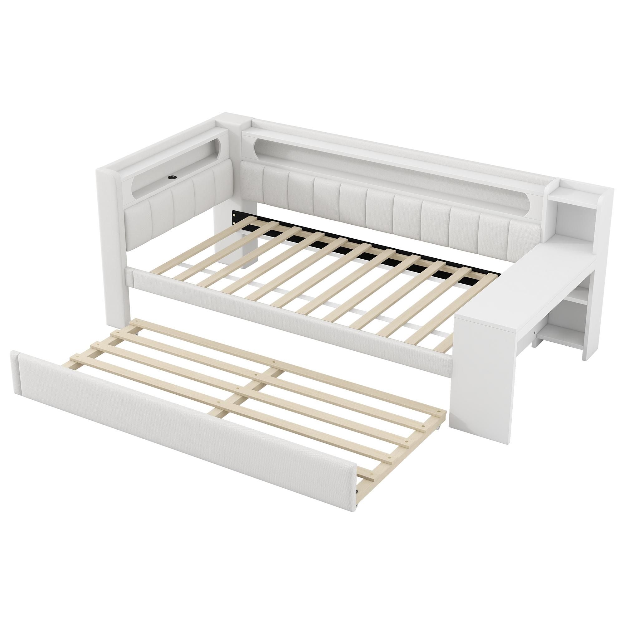 Merax Tagesbett 90x200 mit Ausziehbett 90×190cm, USB-Anschluss, LED, Schreibtisch, Stauraum, Schlafsofa Kinderbett mit Leinenkissen, Weiß
