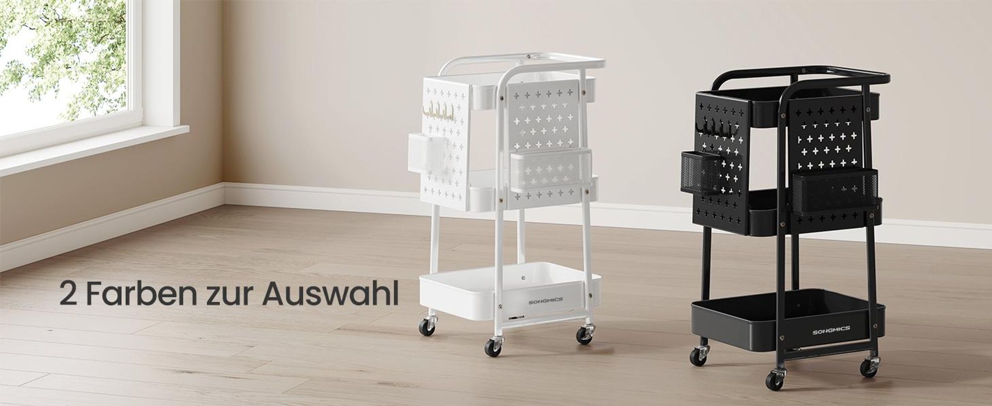 SONGMICS Rollwagen, Küchenwagen, 3 Metallgitterablagen, Servierwagen, 2 abnehmbare Lochplatten, 2 Hängekörbe, 4 Haken