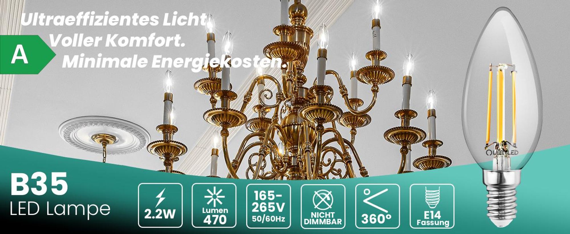 LUMILED 10er Set LED Lampe Ultraeffizient B35 E14  2,2W 470lm ersetzt 40W 2700K Warmweiß Kerzenlampe Filament Klar Glas 360° Abstrahlwinkel Nicht Dimmbar