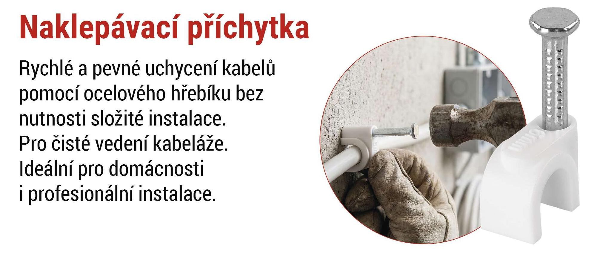 EMOS 50 ks kabelových příchytek s ocelovým hřebíkem, pro Ø 6 mm, pro vnitřní použití, nerez, -40–80 °C, bílé, A2822