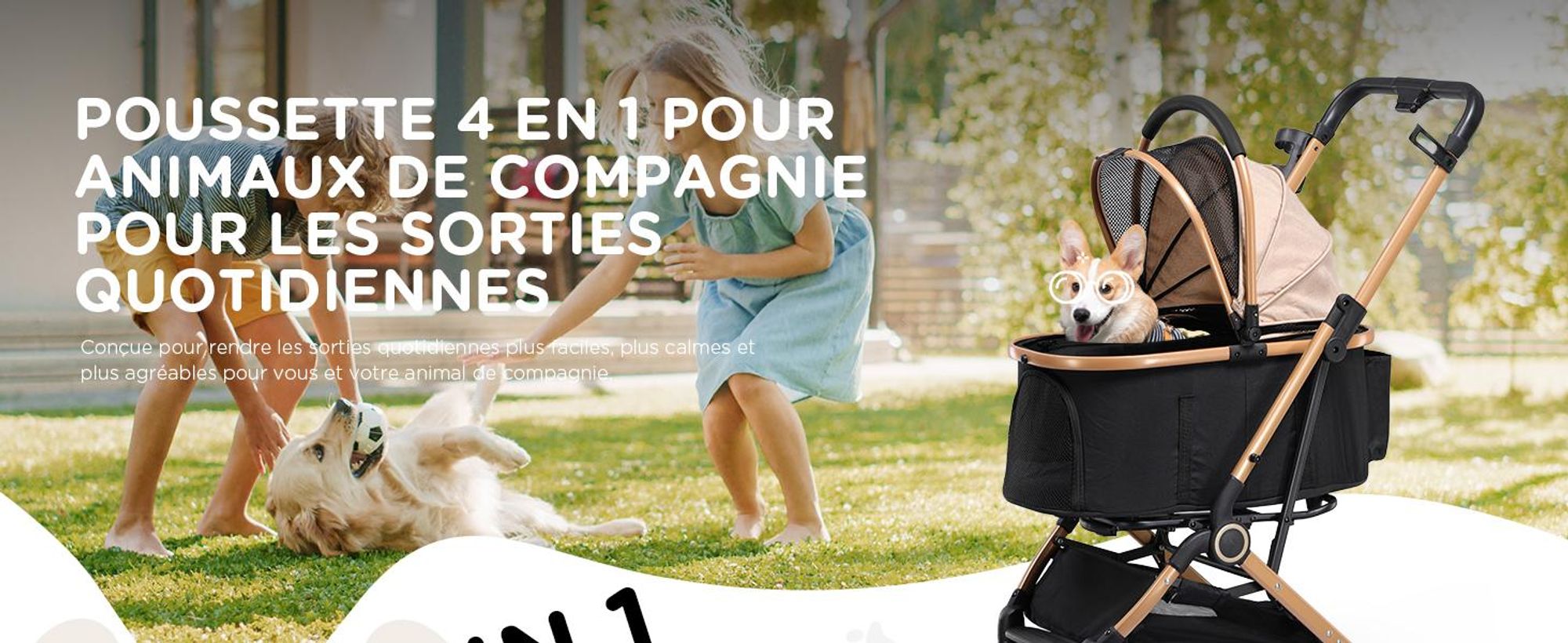 Poussette pour chien COMHOMA pliable jusqu'à 25 kg, roue avant pivotante à 360° en EVA et freins arrière, poussette pour chien 4 en 1, poussette pliable pour chat dorée