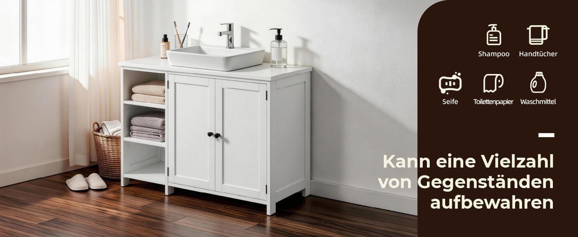 FCH Waschbeckenunterschrank mit 2 Türen und 3 offenen Fächern, Badezimmerschrank, 90x30x60,5cm, Weiß