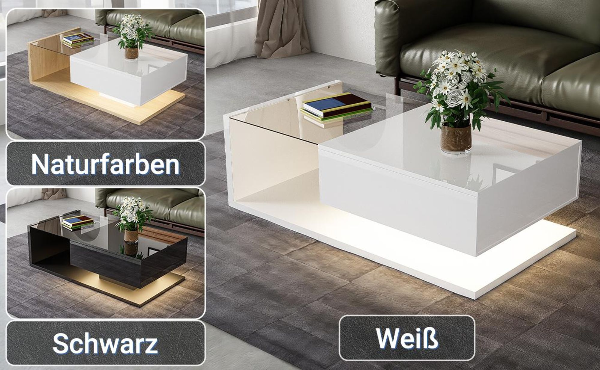 MODFU Couchtisch Hochglanz mit Glas und LED-Effekt,Rechteckiger Wohnzimmertisch mit Ablagefach,Beistelltisch&Sofatisch für Wohn- und Schlafzimmer,Weiß