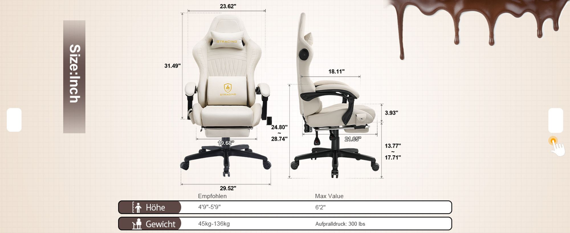 GTPLAYER Gaming-Stuhl ACE PRO, Ergonomischer Bürostuhl Neigbare Armlehnen Mit Fußstütze, Hi-Fi Lautsprecher, Beeindruckende Klang-atmosphäre, Ivory