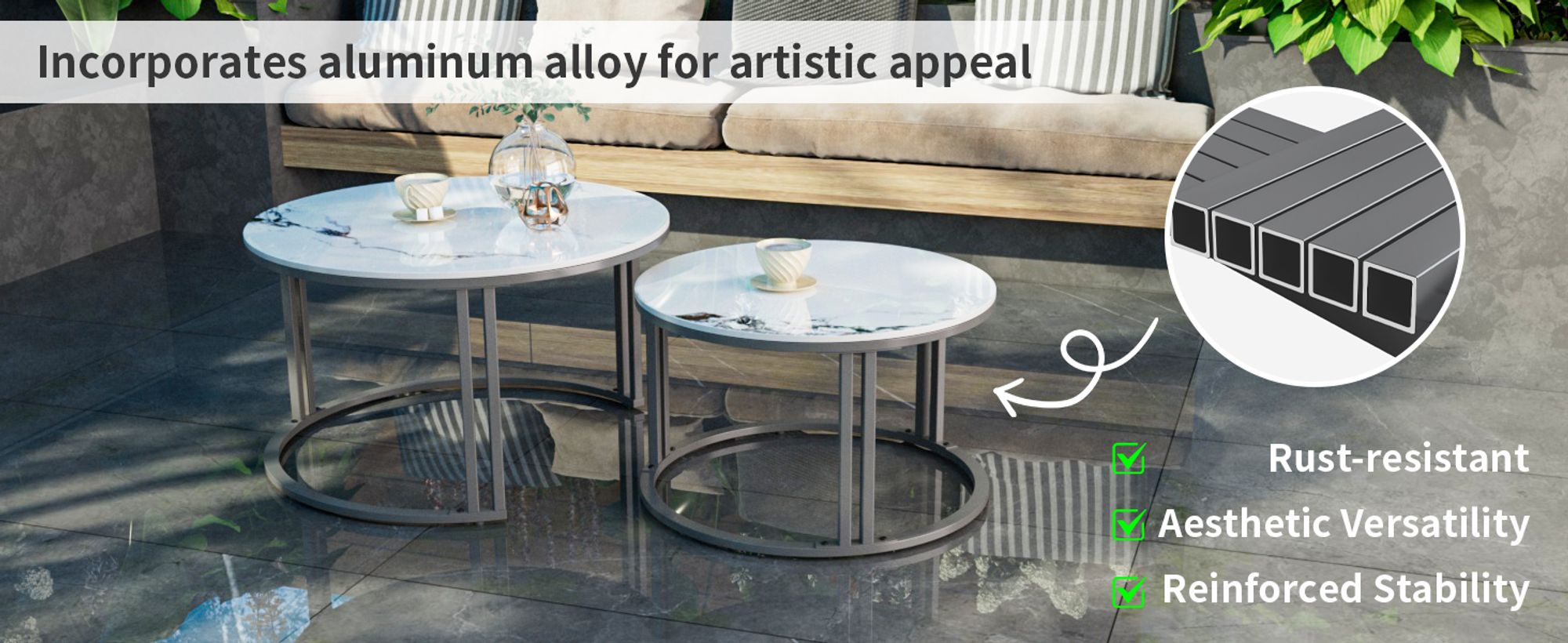 WISFOR 2er Set Couchtisch mit Aluminiumgestell, Satztisch Marmor Optik, Runder Kaffeetisch Wohnzimmertisch Sofatisch, Jadeweiß