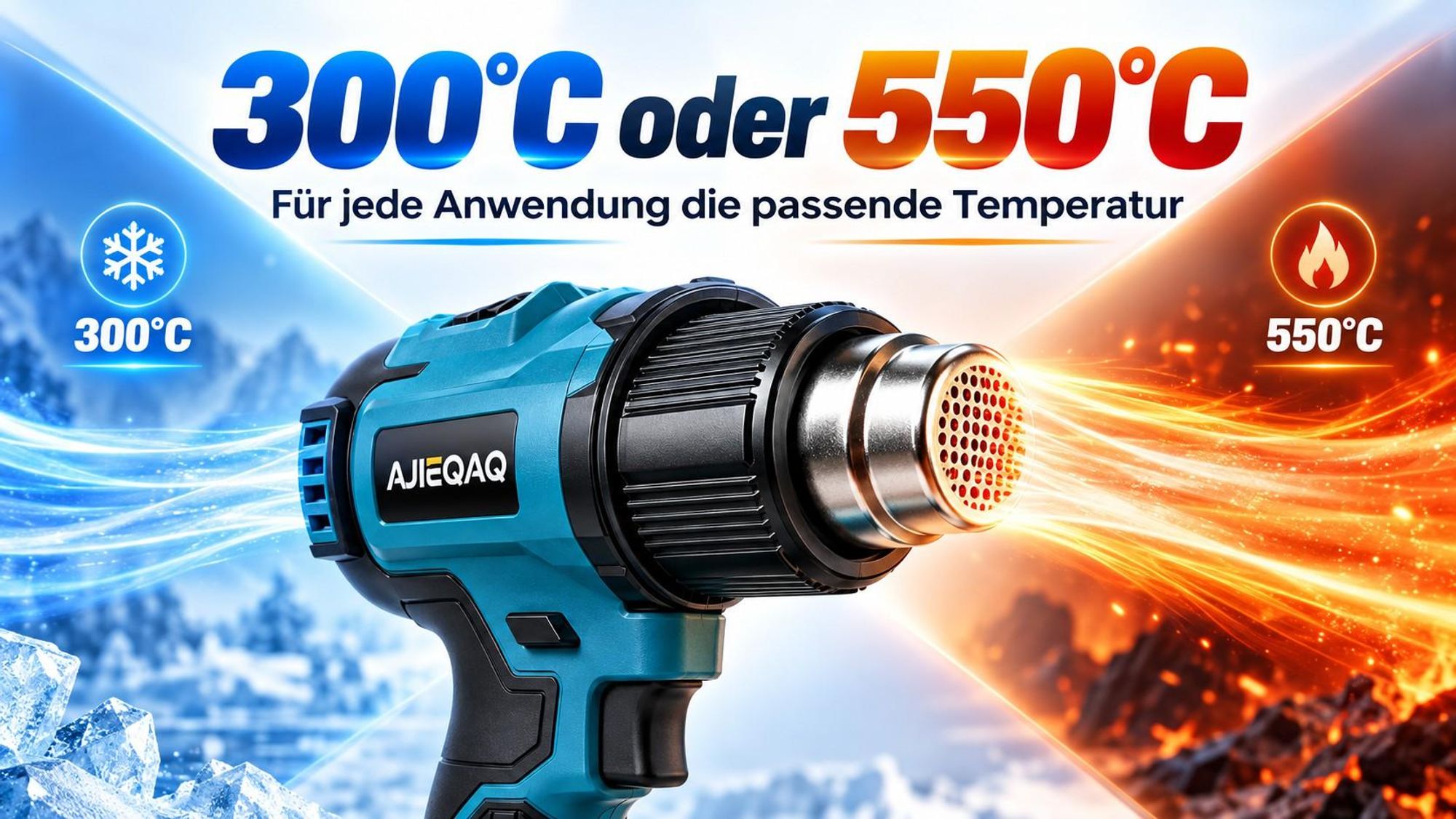 Akku-Heißluftpistole 21V, 500W Heißluftgebläse, 300/550°C, 250/500 L/min, 2×4,0Ah Akkus, 3 Düsen, Koffer