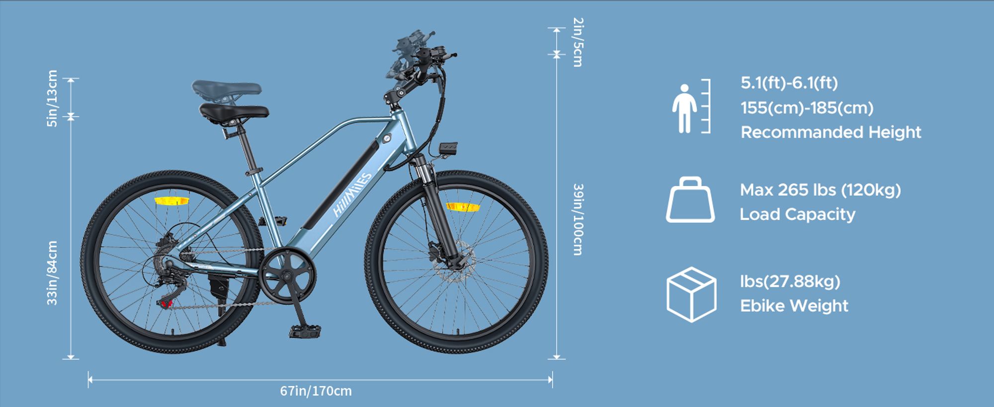HillMiles E Bike, Trekking e-bike  mit Drehmomentsensor und hydraulischen Bremsen, 36V 13AH herausnehmbare Akku bis 100KM, 25 km/h, Mile Trail