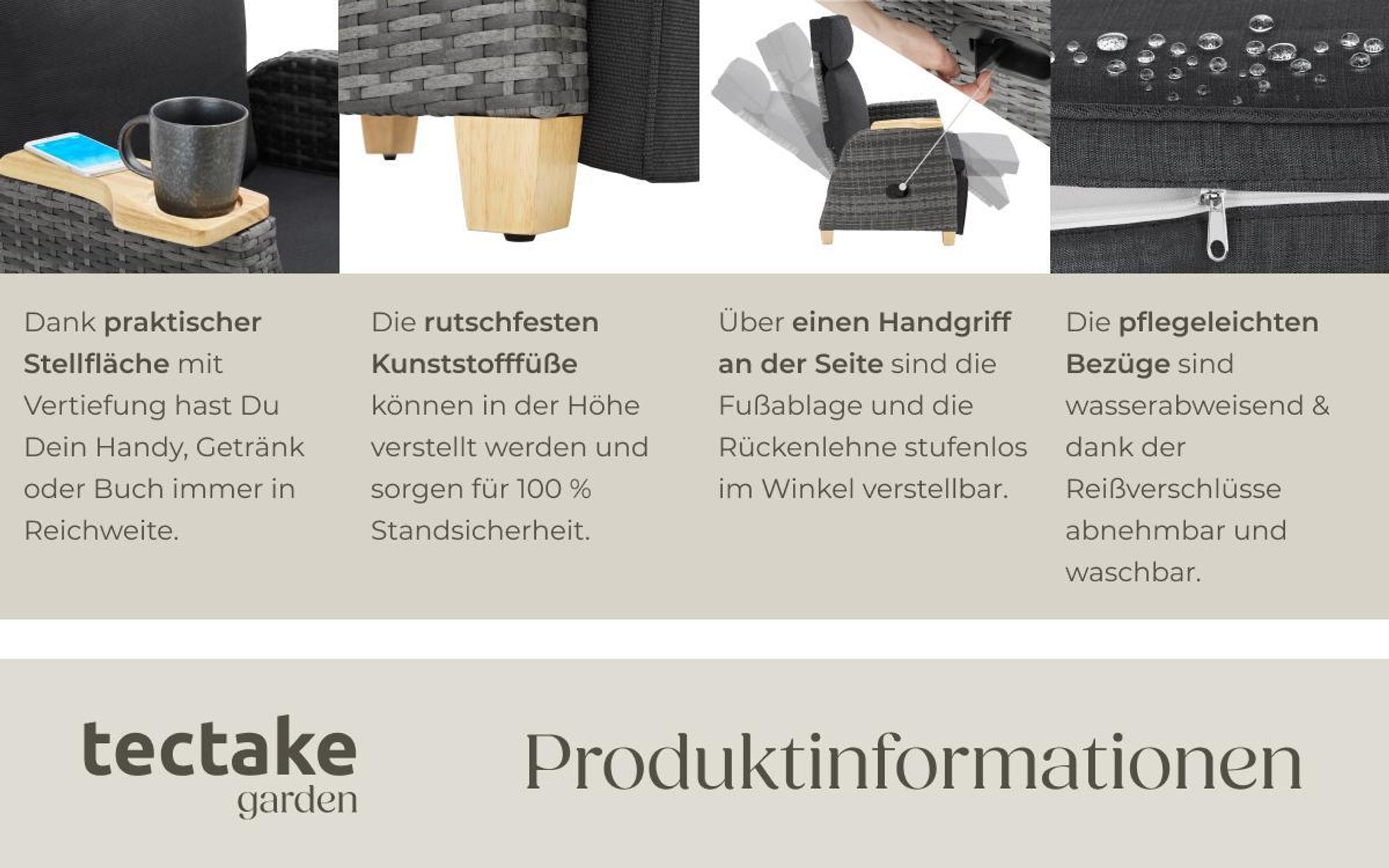 tectake Aluminium Rattansessel verstellbare Lehne Polster Aluminiumgestell wasserabweisend Praktische Armlehnfläche Farbe Grau