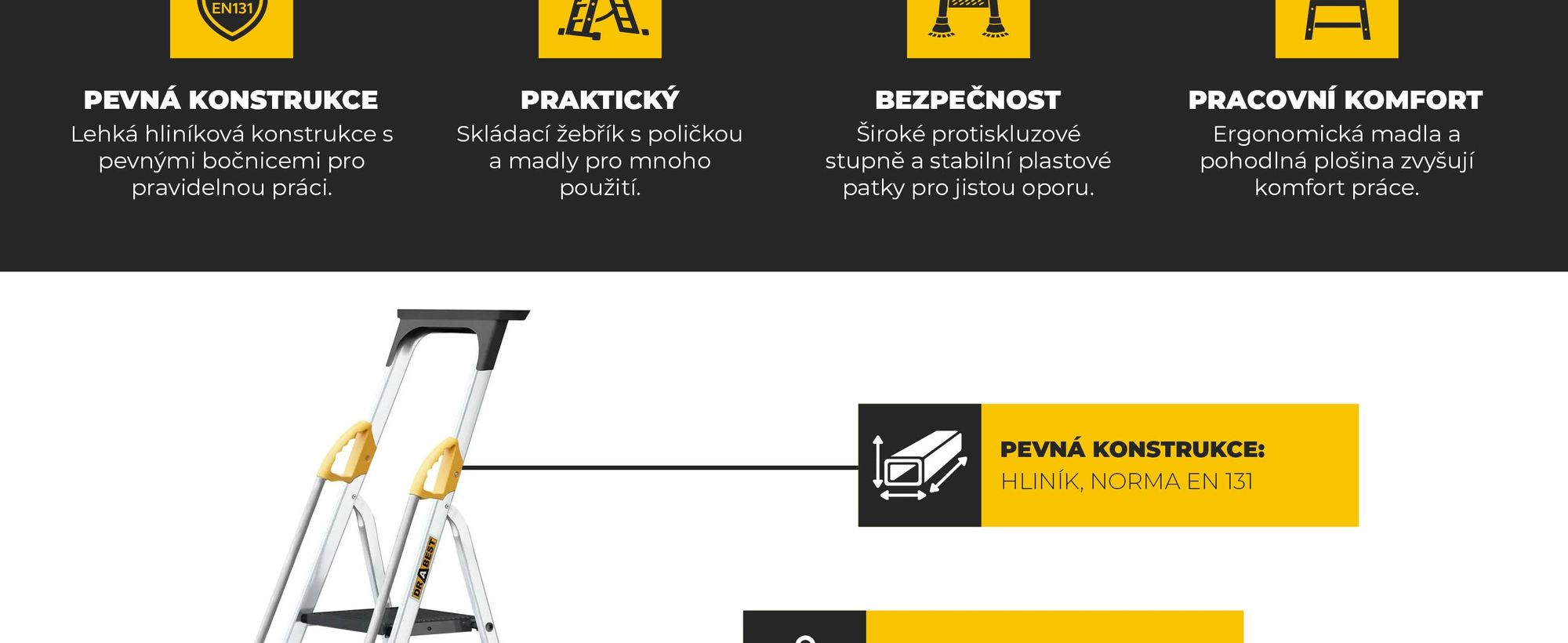 Drabest | Žebřík - 6 stupňů, nosnost 150 kg - žebřík s madly, hliníkový žebřík, protiskluzové nohy, štafle, skládací žebřík