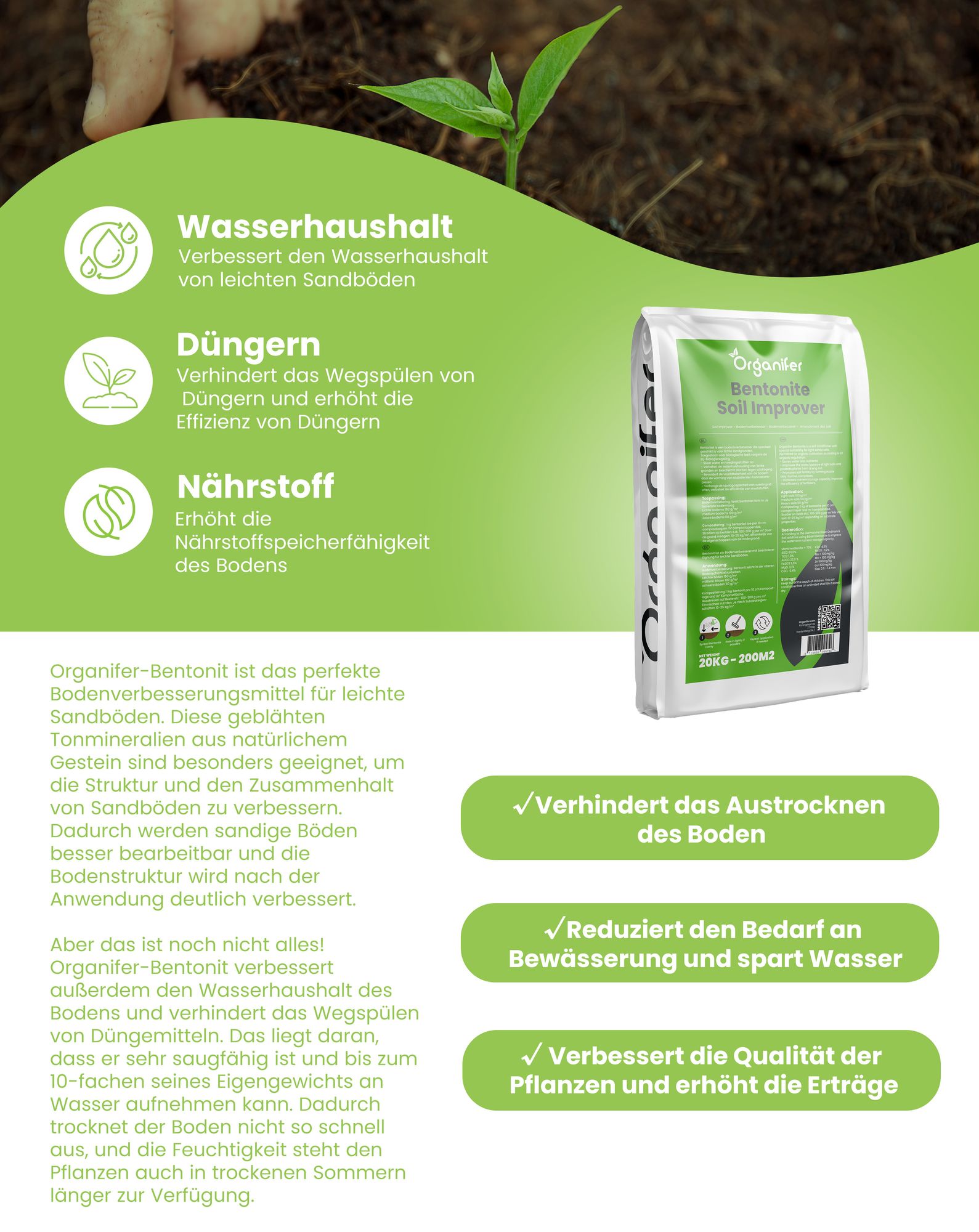 Bentonit Bodenverbesserungsmittel für Sandböden (20 kg - für 200 m2)- Organifer