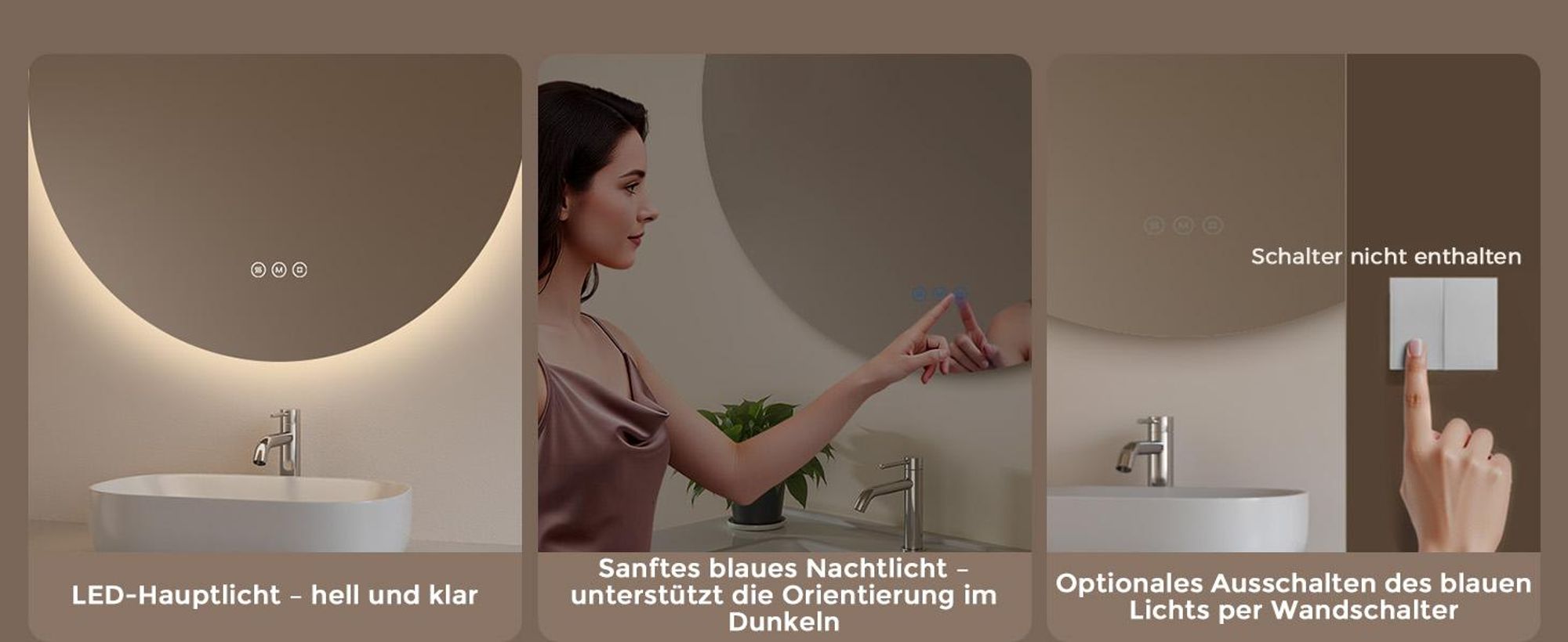 S'AFIELINA LED Badspiegel Rund Badezimmerspiegel Wandspiegel mit Touch-Schalter,3 Lichtfarbe 3000/4000/6500K 70 cm