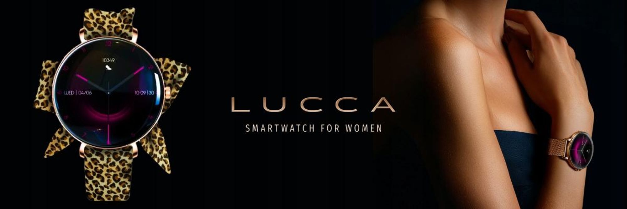 Forever Smartwatch pour femmes à la mode, Bluetooth, AMOLED, tu peux téléphoner directement via la montre SB-370 Lucca or rose - Bracelet imprimé léopard
