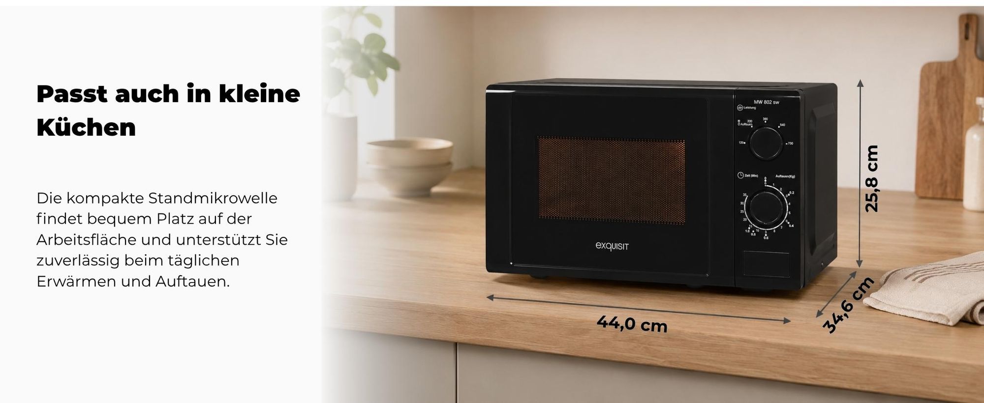 Exquisit Mikrowelle MW 802 sw | 20 l Nutzinhalt | Mit Timer | Auftaufunktion | 5 Leistungsstufen | 25,5cm Ø Drehteller