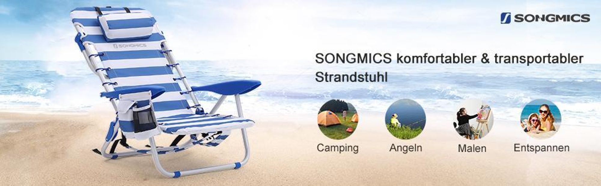 SONGMICS Campingstuhl tragbarer Klappstuhl bis Strandstuhl Kopfstütze