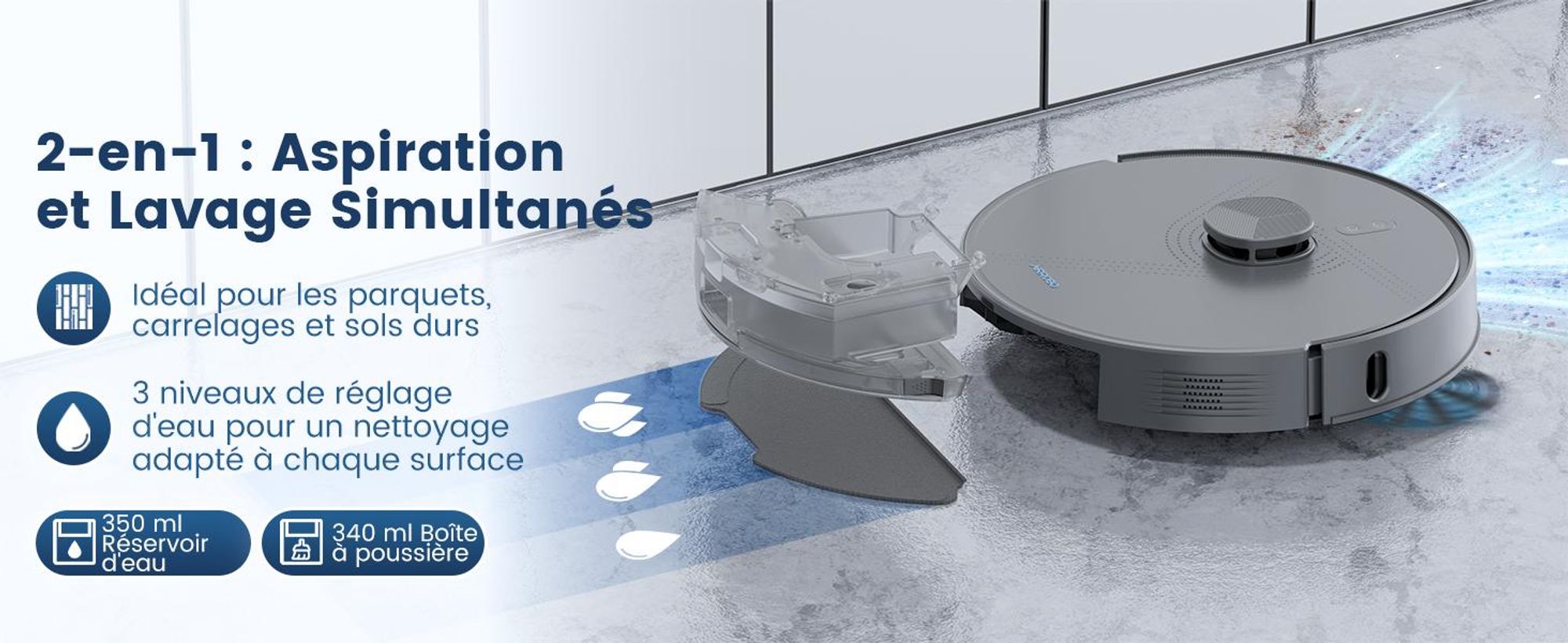 Robot aspirateur AIRROBO L50+ avec fonctions d'aspiration et de lavage, puissance d'aspiration de 10 000 Pa, autonomie de 240 minutes