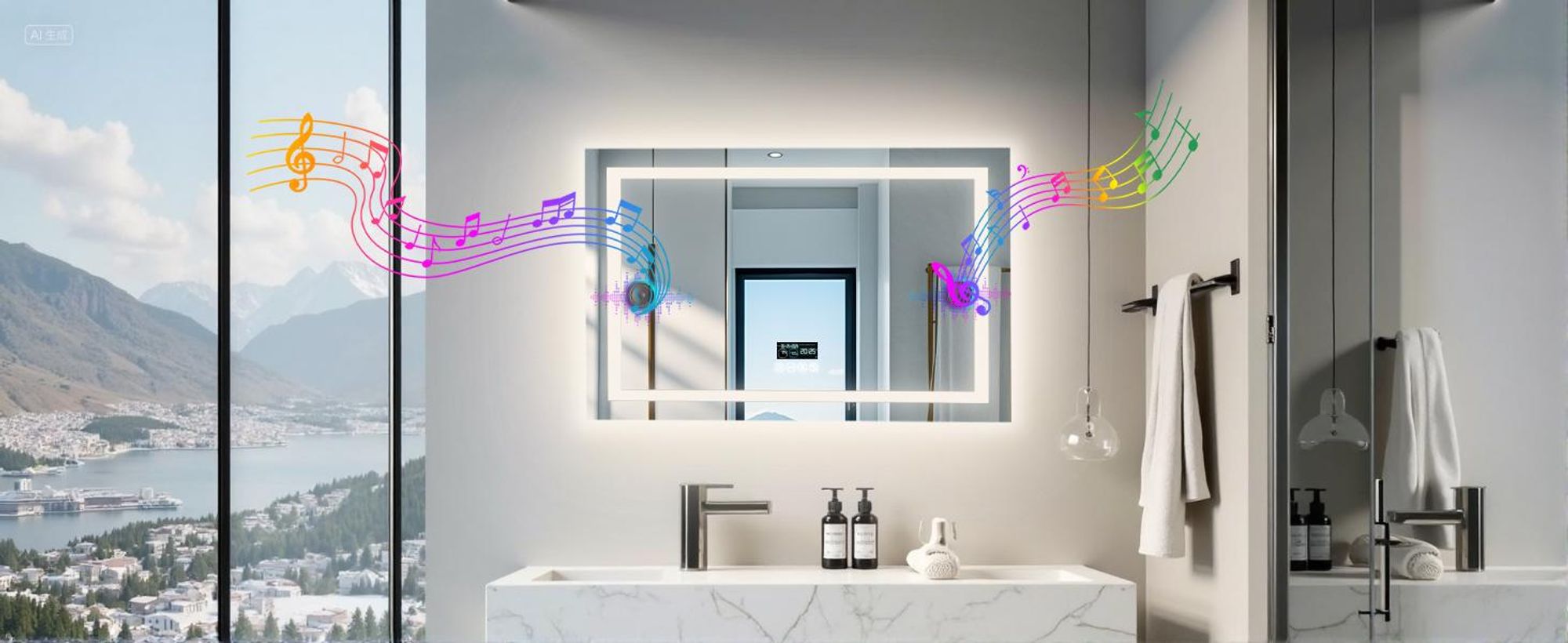 WISFOR LED Badspiegel mit Bluetooth Lautsprecher, 80x60cm Badezimmerspiegel mit Beleuchtung 3 Lichtfarbe, LED Wandspiegel dimmbar beschlagfrei