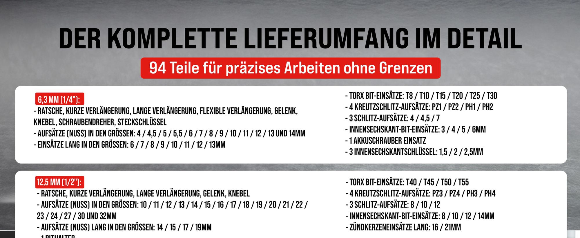 MONZANA® Steckschlüsselsatz 94 tlg. CV-Stahl 1/4" + 1/2" Transportkoffer Nusskasten Knarrenkasten Ratschenkasten