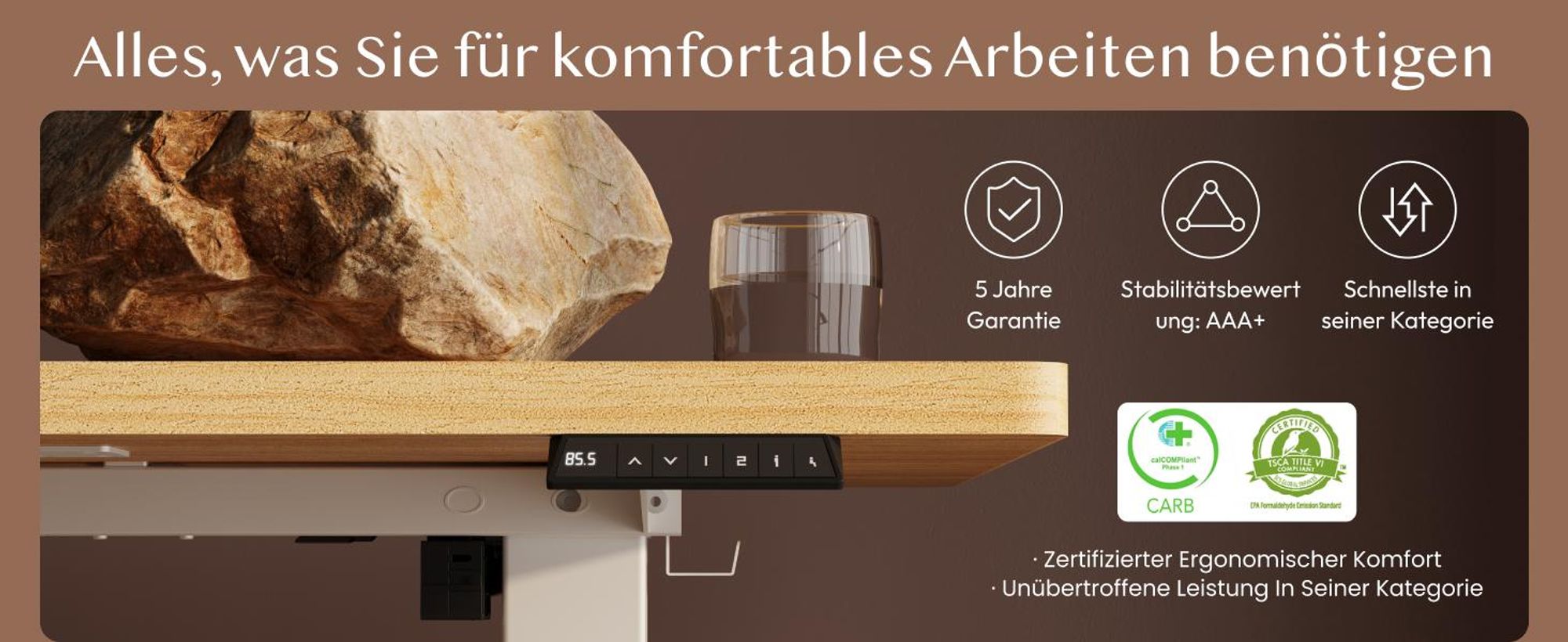 FLEXISPOT QE1 Höhenverstellbarer Schreibtisch 140x60cm, 4 Memory-Funktion, Antikollisionsschutz, 70kg Tragkraft, Haken, Kabelmanagement (Ahorn)