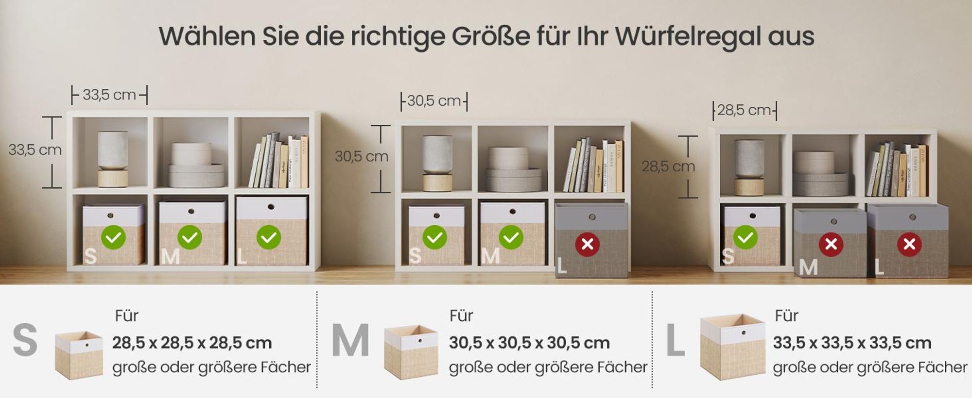 SONGMICS Aufbewahrungskörbe, 6er Set, faltbare Stoffboxen mit PP-Platten, für Regal, 30 x 30 x 30 cm, weiß-beige