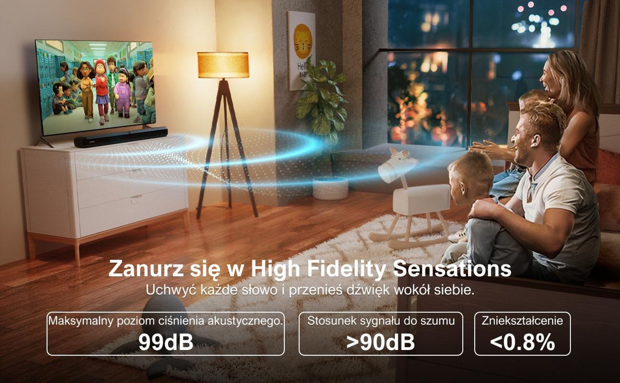 Soundbar ULTIMEA do telewizorów, dzielony soundbar 2 w 1 o mocy 100 W z Bluetooth® 5.3, głośnik telewizyjny z 3 trybami korektora i regulowanym basem, ARC/optyczne/Aux