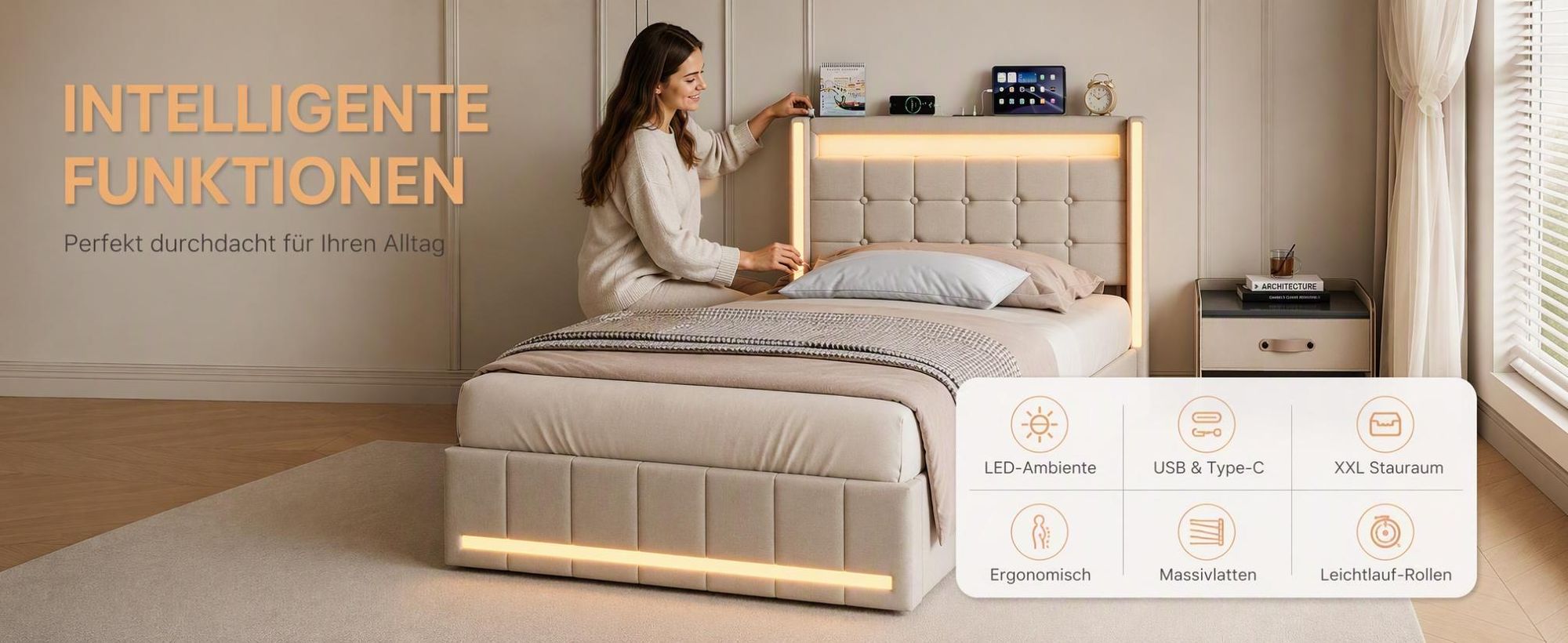 INONEFT Kinderbetten 90x200 mit 2 Schubladen, LED & USB-C – Jugendbett,Polsterbett Einzelbett mit Lattenrost,Funktionsbett Bettgestell,Leinen, Beige
