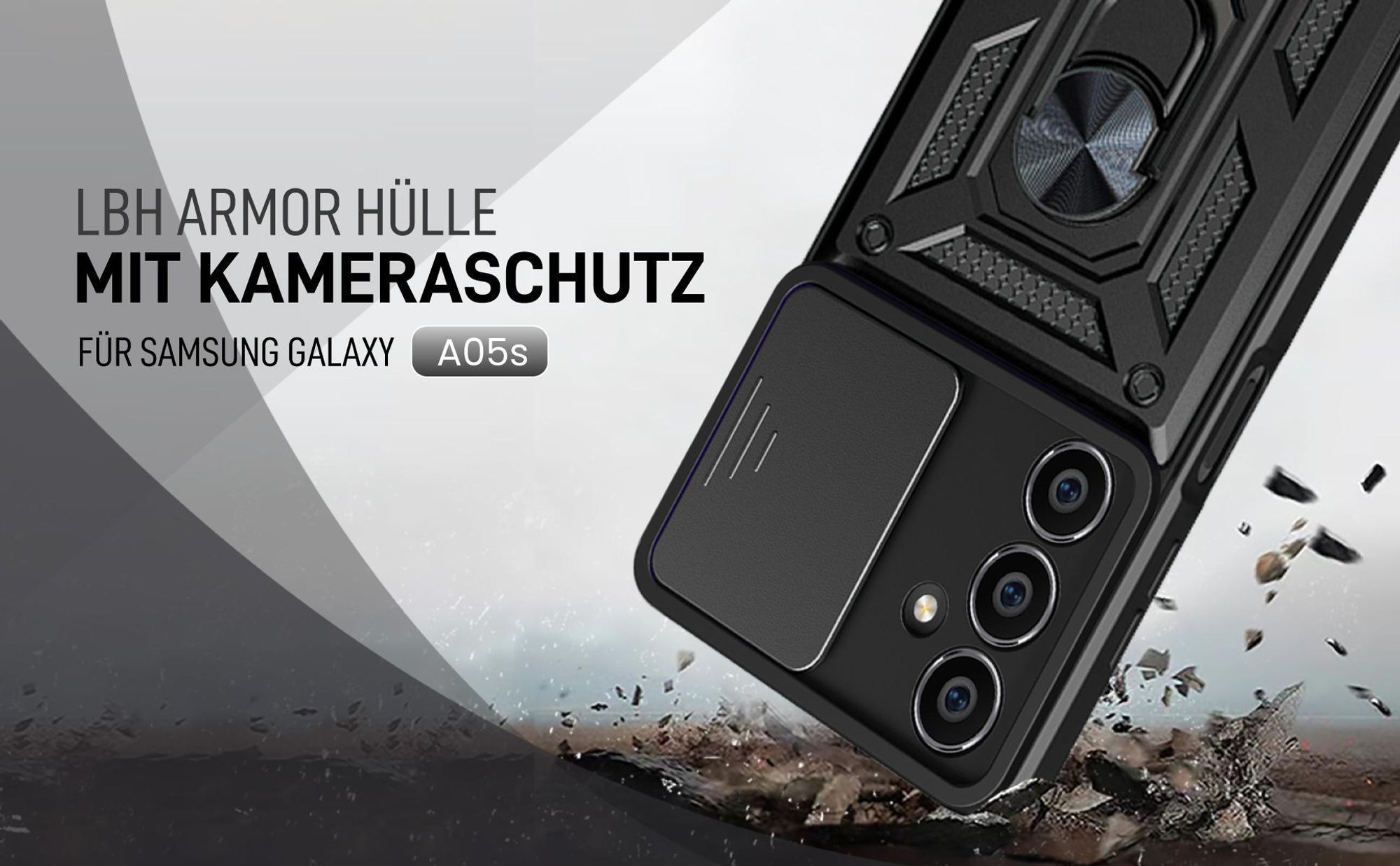 Schwarze Outdoorhülle mit Kameraschutz für Samsung Galaxy A05s