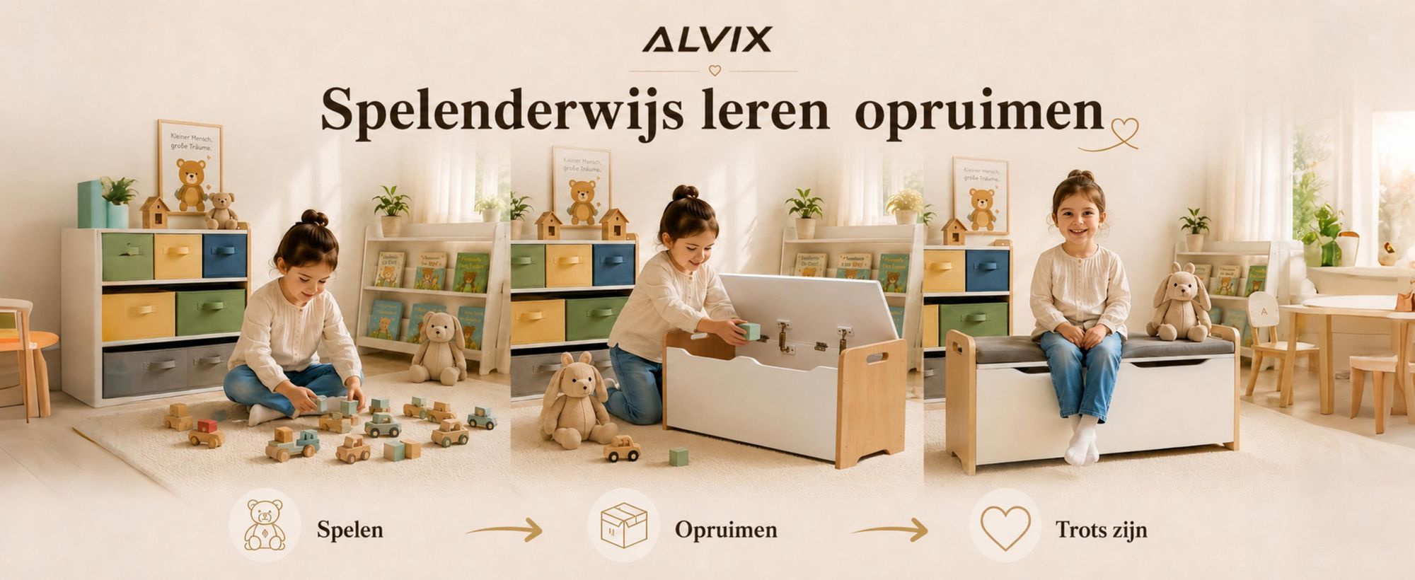 ALVIX Speelgoedkist NESTA 1, kinderbank met opbergruimte, speelgoedopslag, speelgoedkist met zachte sluiting, zitbank voor kinderkamers, 83x40x48 cm