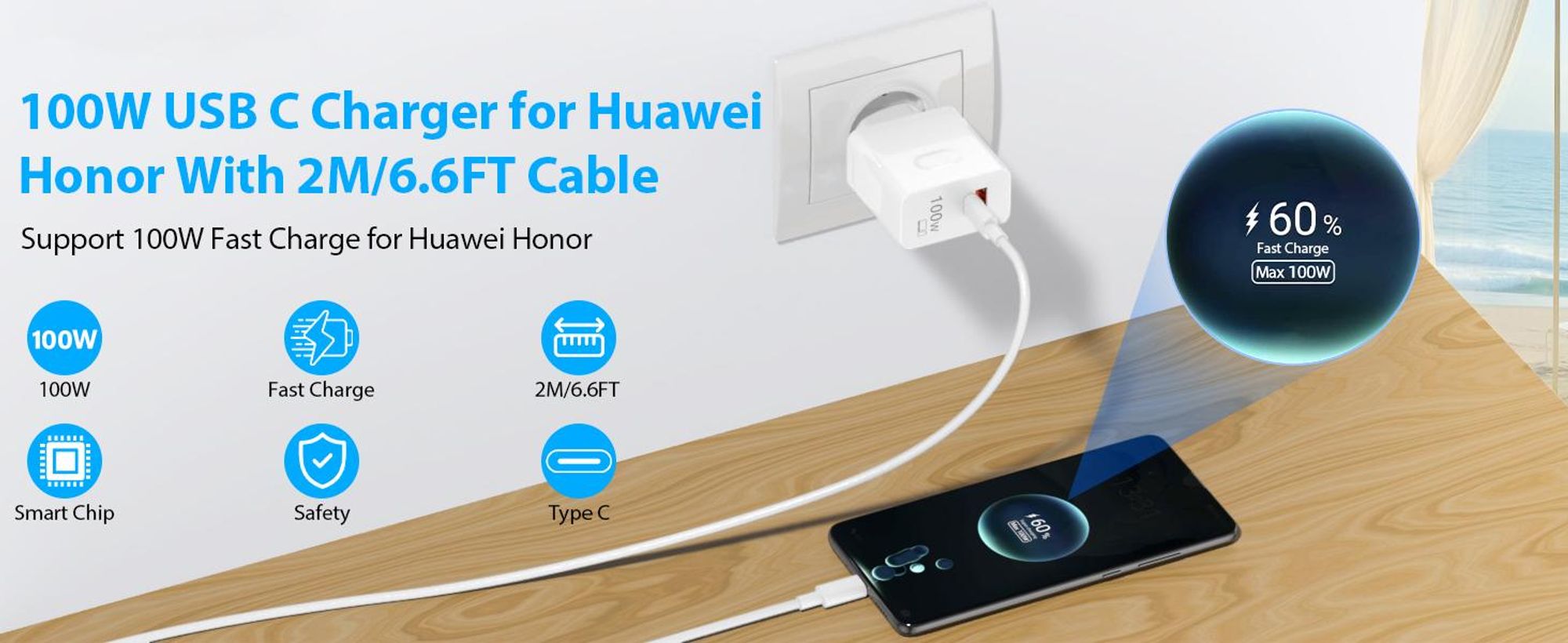Schnellladegerät für Huawei Mate 60/50/40,P60/50/40,nova 12/11/10/9 Pro, 2-Port 100W Schnelllade Ladegerät, mit 6A USB C Kabel 2M