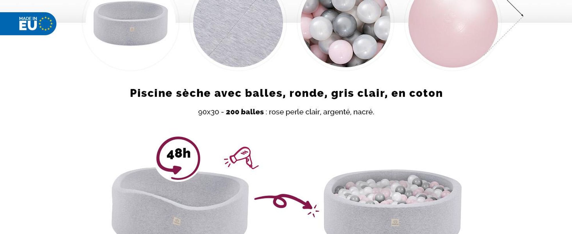 MISIOO Smart Piscine à balles 90x30 cm/200 balles - Piscine à balles enfants pour chambre de bébé - Jouets bébé - Gris clair : rose clair/perle/argent