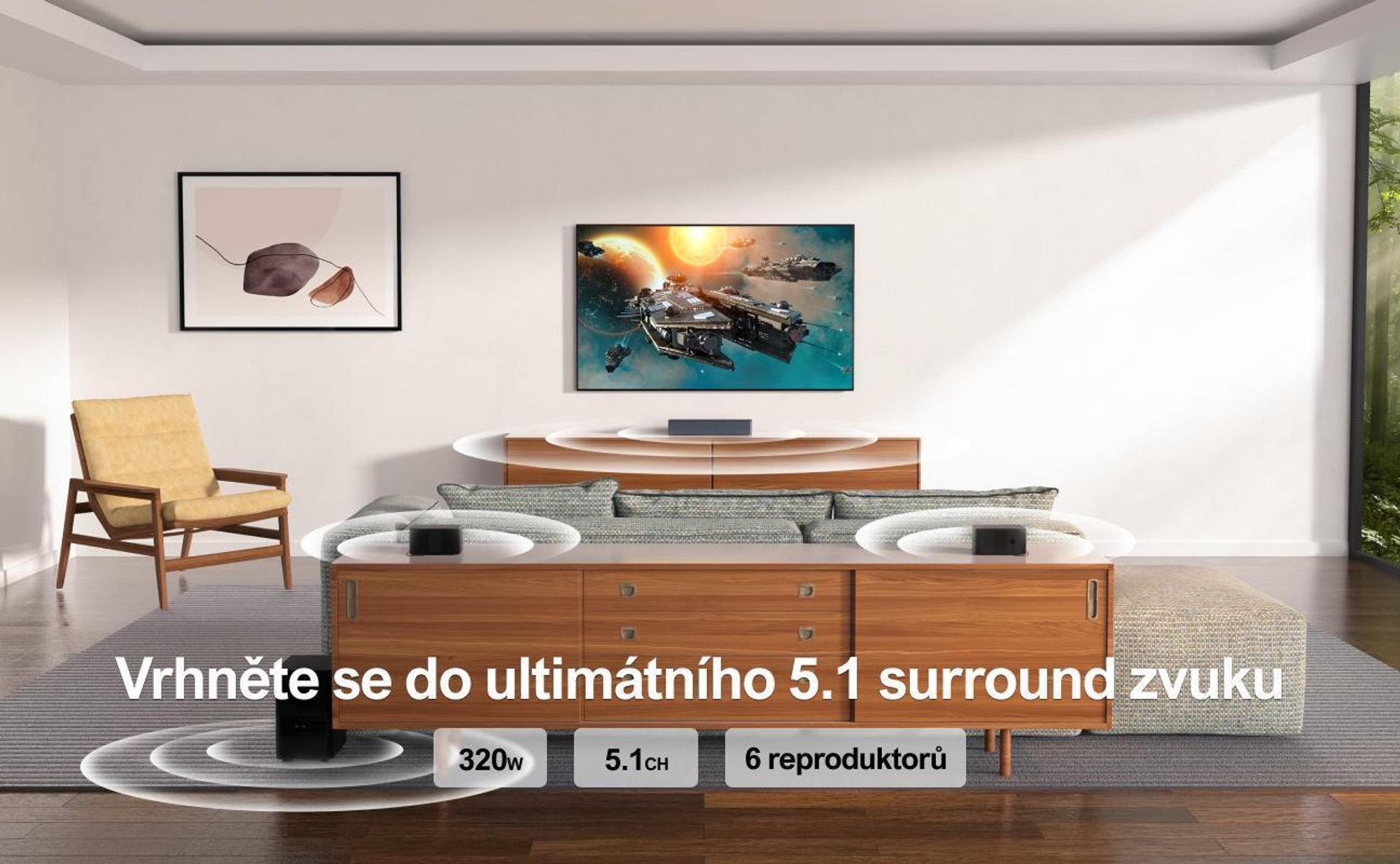 ULTIMEA 5.1 Surround Soundbar, 3D virtuální prostorový zvukový systém, Soundbar s nastavitelnými basy, subwooferem a zadními reproduktory