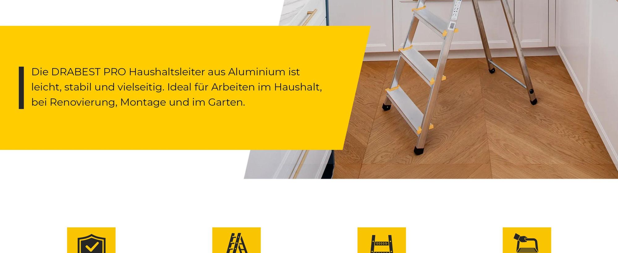 Drabest | Leiter - Aluminium Mehrzweckleiter PRO - 4 Stufen - Trittleiter - Stabil, Sicher, Leicht, Praktisch - mit Haken - Tragkraft 150 kg