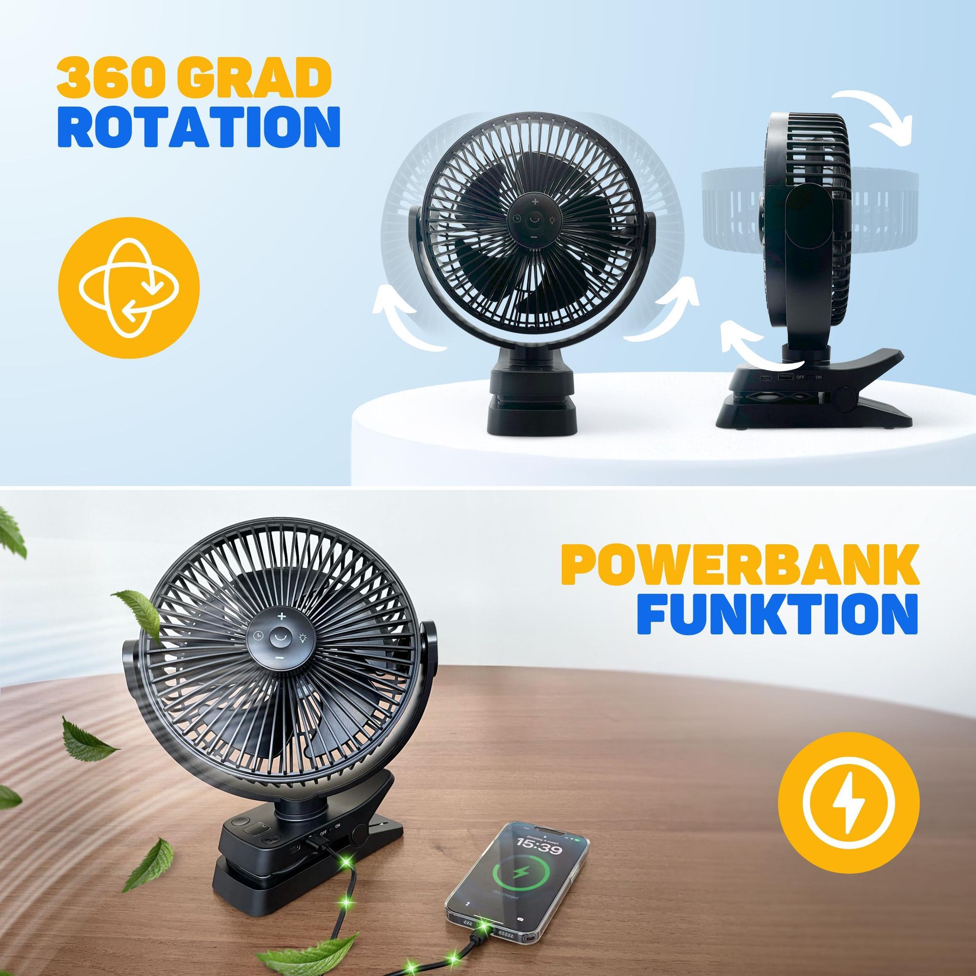 Vulpes Goods Tischventilator, wiederaufladbar und kabellos, leiser Ventilator mit Fernbedienung, 5 Geschwindigkeiten, Beleuchtung & Powerbank-Funktion