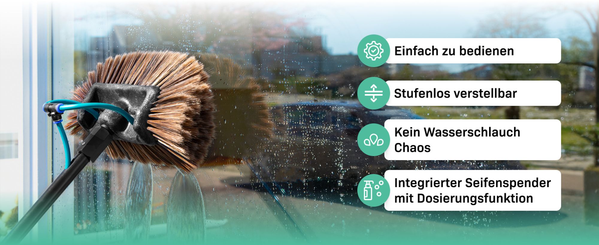 VONROC VONROC Teleskop-Waschbürste - 6,50m - Inkl. Bürstenkopf, Fensterreiniger, Wasserschlauch und Seifenspender