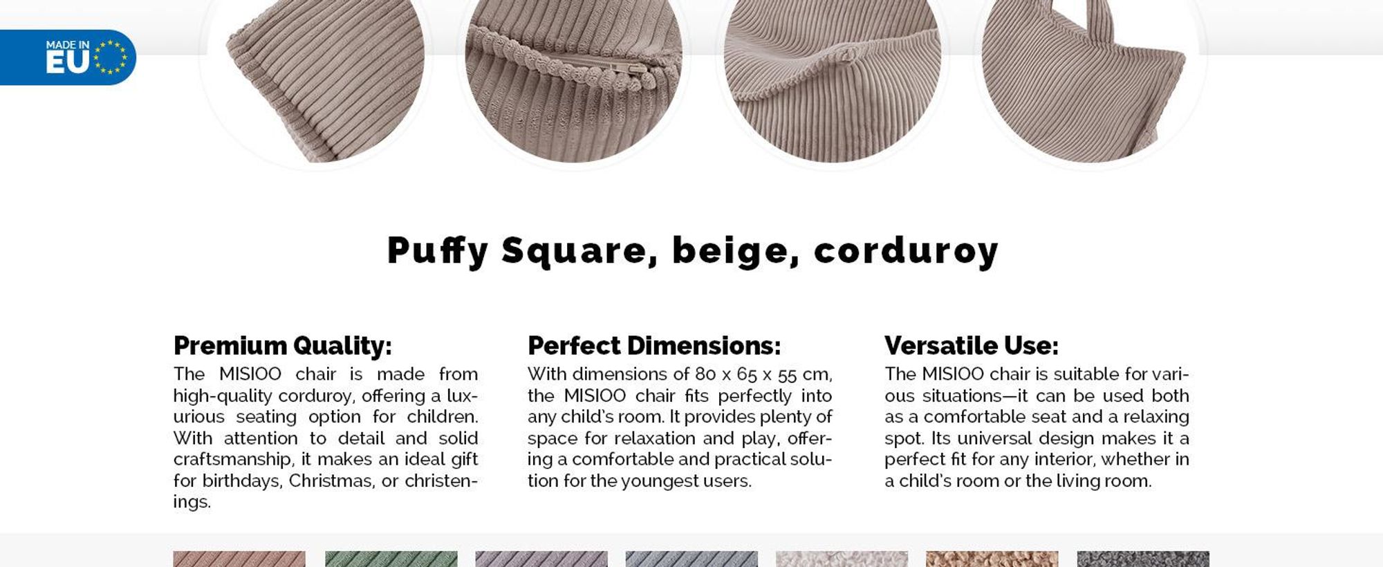 MISIOO Beanbag Kids - Veľký vrece - Veľký vak pre deti - Manšestrový materiál - 77x67x50 cm - Umývateľná tkanina - Držadlo na jednoduché prenášanie - Béžová farba