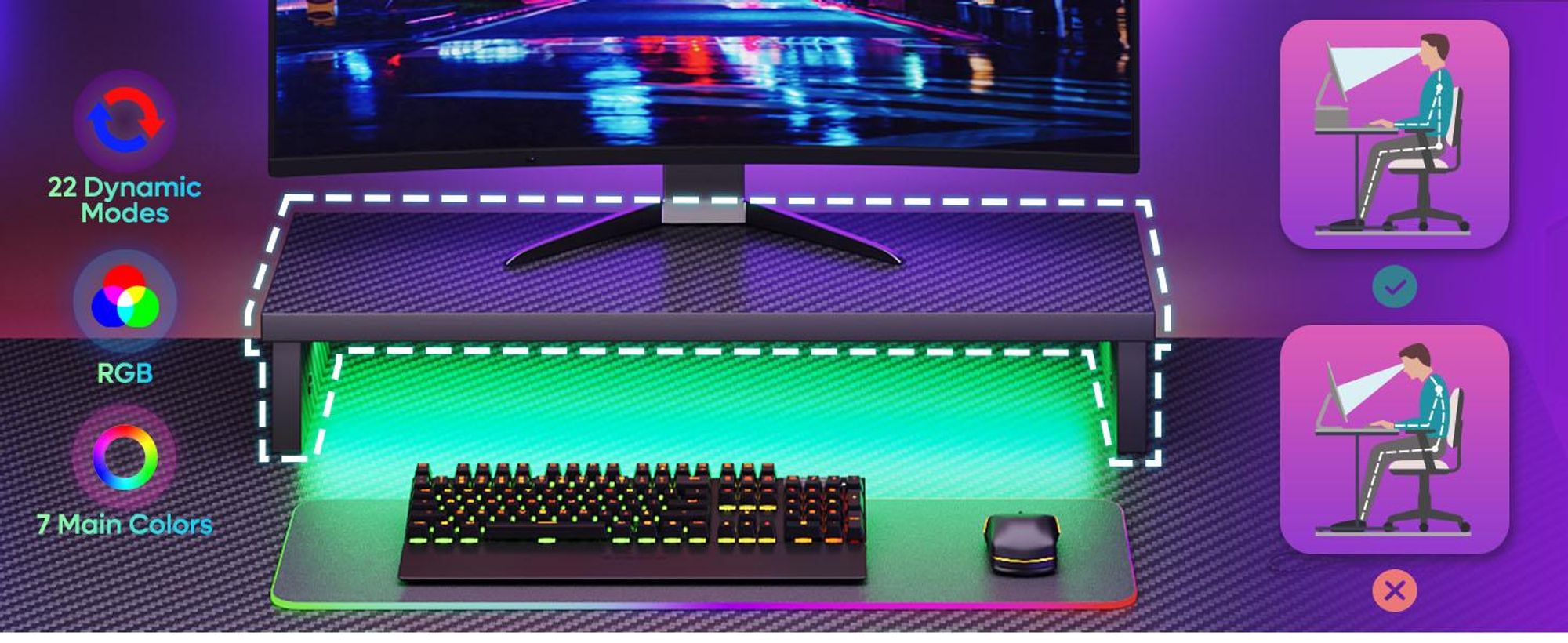 Bestier Gaming Schreibtisch 107cm klein, mit LED-Beleuchtung, Monitorständer, Headset-Haken & Becherhalter