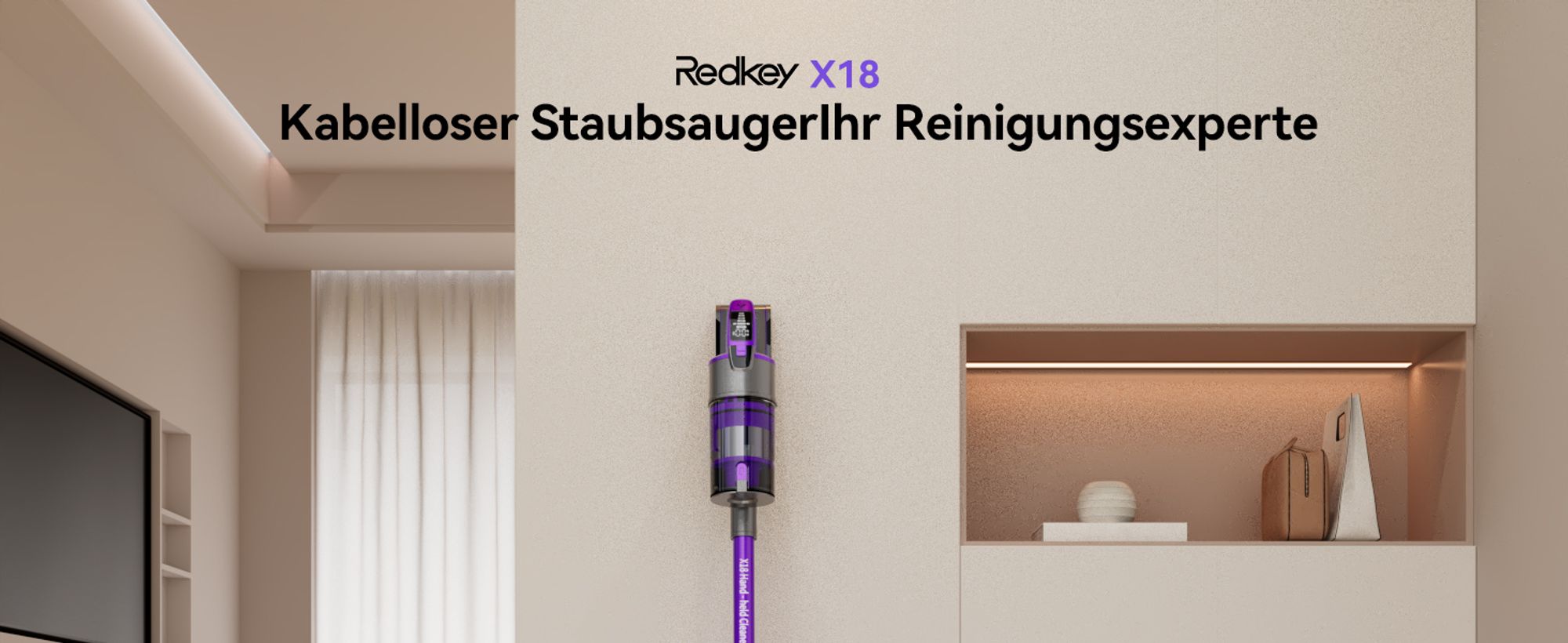 Redkey X18 Stielstaubsauger, 500W 33KPa Akku Staubsauger, Handstaubsauger, 65 Min, 8-in-1 Staubsauger Kabellos mit LED, Intelligenter Automatikmodus