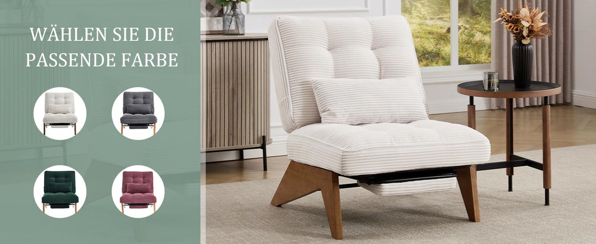 LVHOM Relaxsessel mit Liegefunktion, Loungesessel mit verstellbarer Rückenlehne, Bodensessel aus Cordstoff und Massivholz, für Wohnzimmer, Büro, Grün